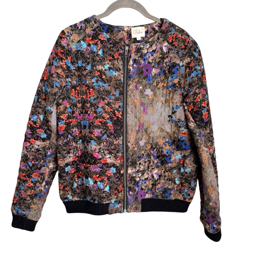 Parker Multicolor Floral Quilted Bomber Jacket Sz L